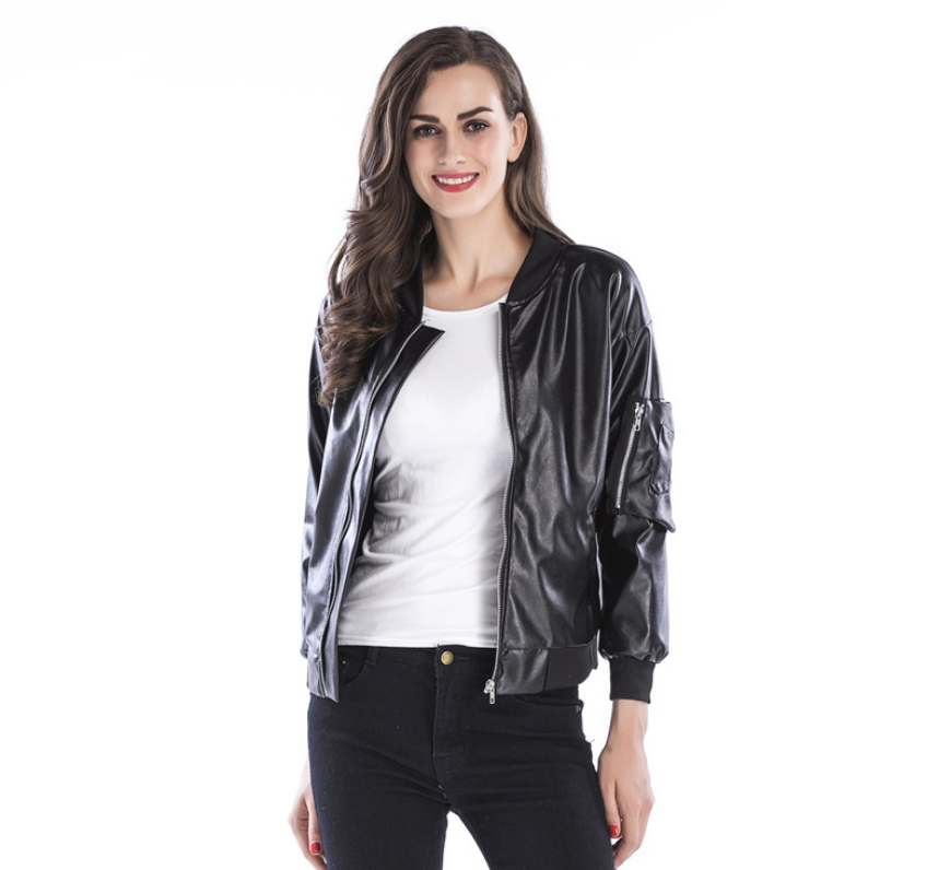 Women's Black Leather Jacket with Stand Collar