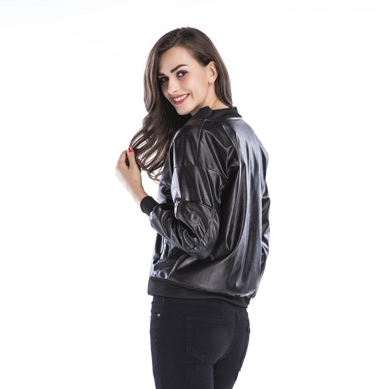 Women's Black Leather Jacket with Stand Collar