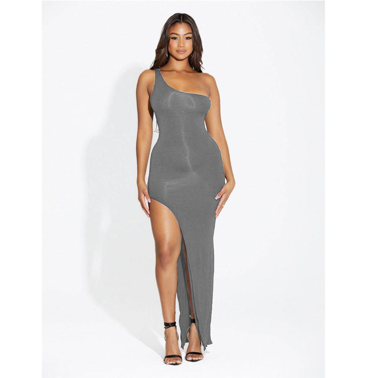 The Éclat Oblique-Shoulder High Slit Dress | Evarisluxe