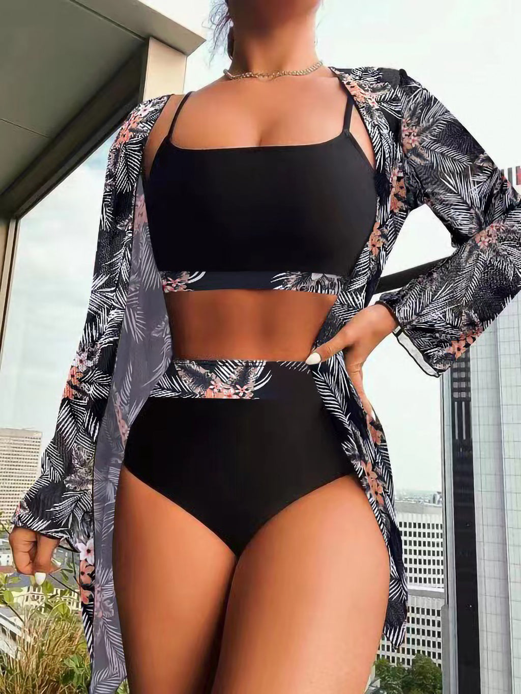 High Waist Women's Three-Piece Swimsuit Set with Cover-Up