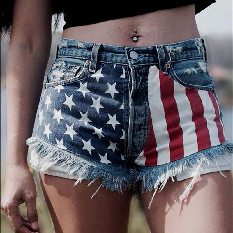 Women's Ripped Fringe Print Summer Jeans Shorts