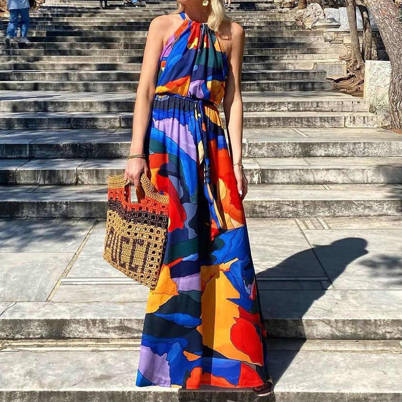 Elegant Halter Printed Dress for Women's Fashion
