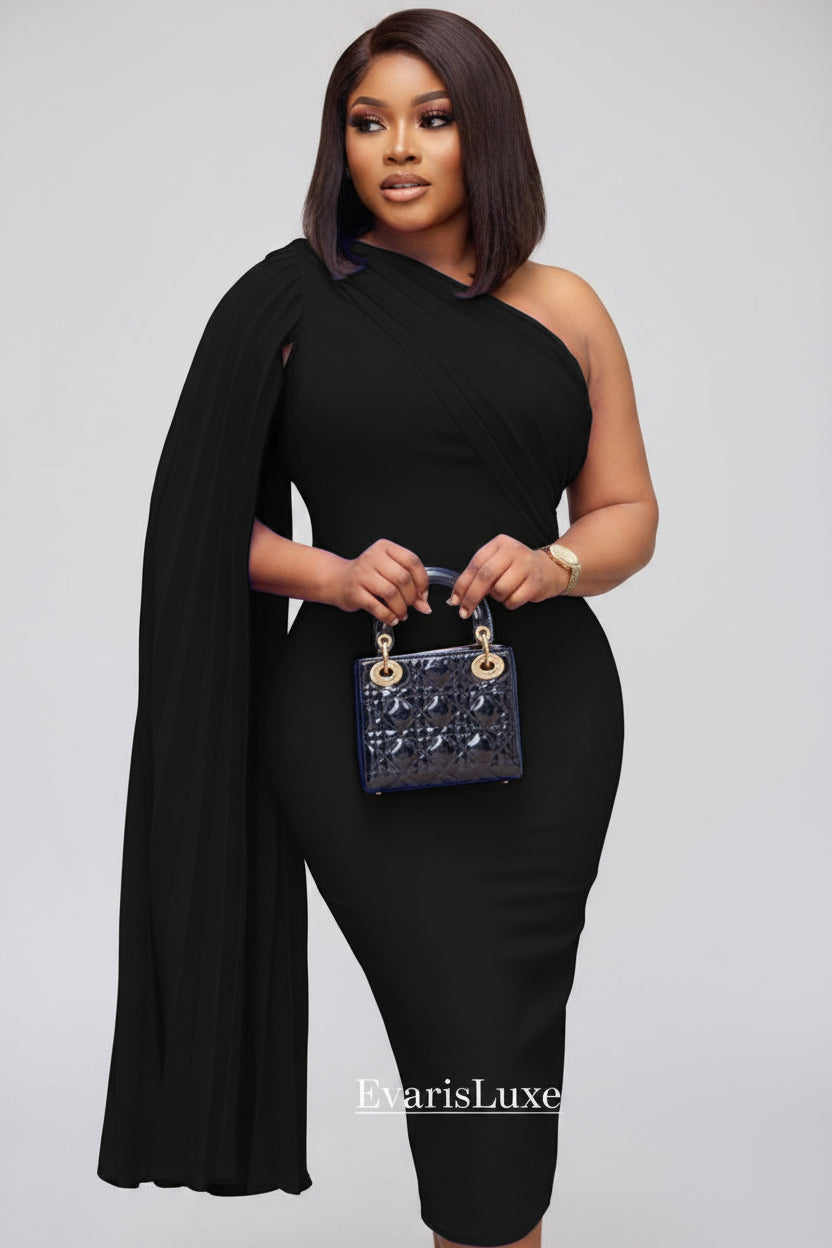 Woman in a black dress holding a blue handbag against a decorative background