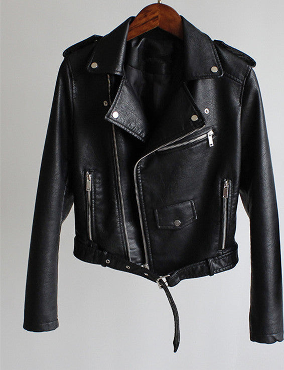 Motorcycle Collar Long Sleeve Slim Fit Leather Jacket