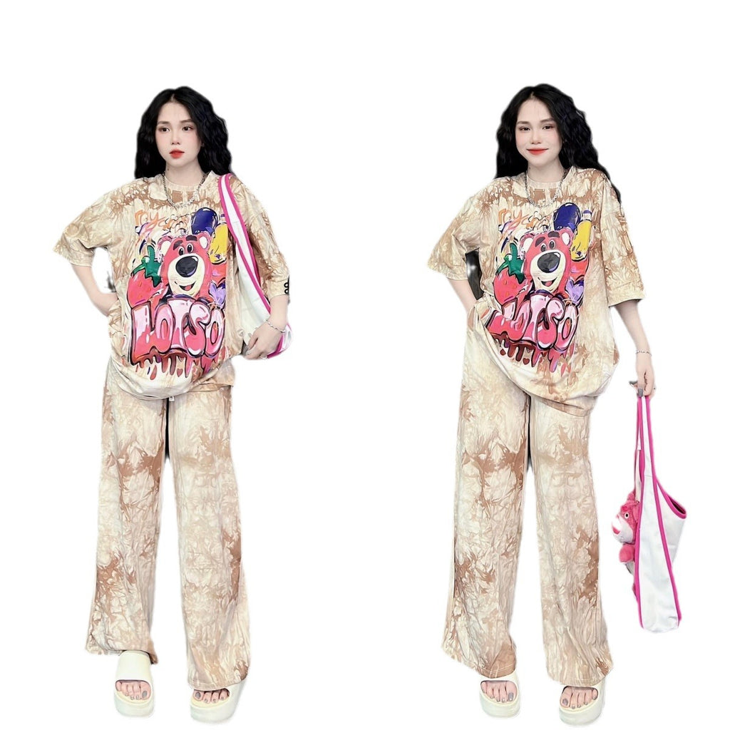Summer Loose Cartoon Print Two-Piece Set for Women