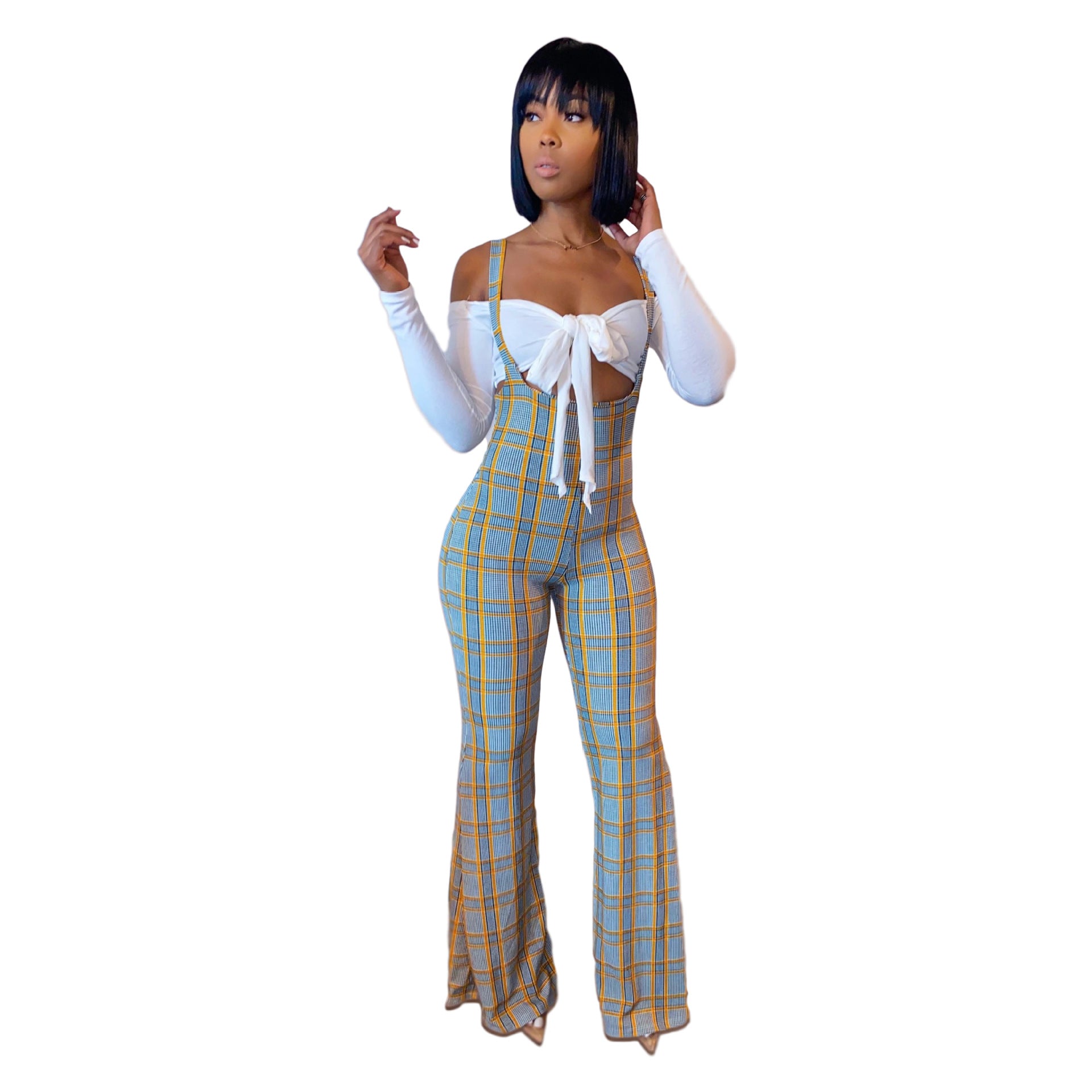 B2009 Checkered Print Bodysuit Two-Piece Set