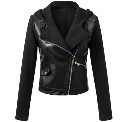 Embroidered Leather Jacket with Hood for Women