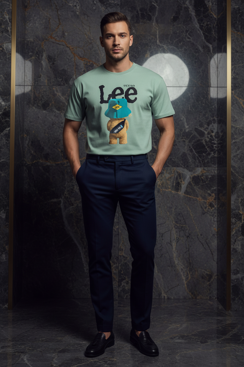Light green t-shirt with bear graphic and 'Lee' branding on a white background