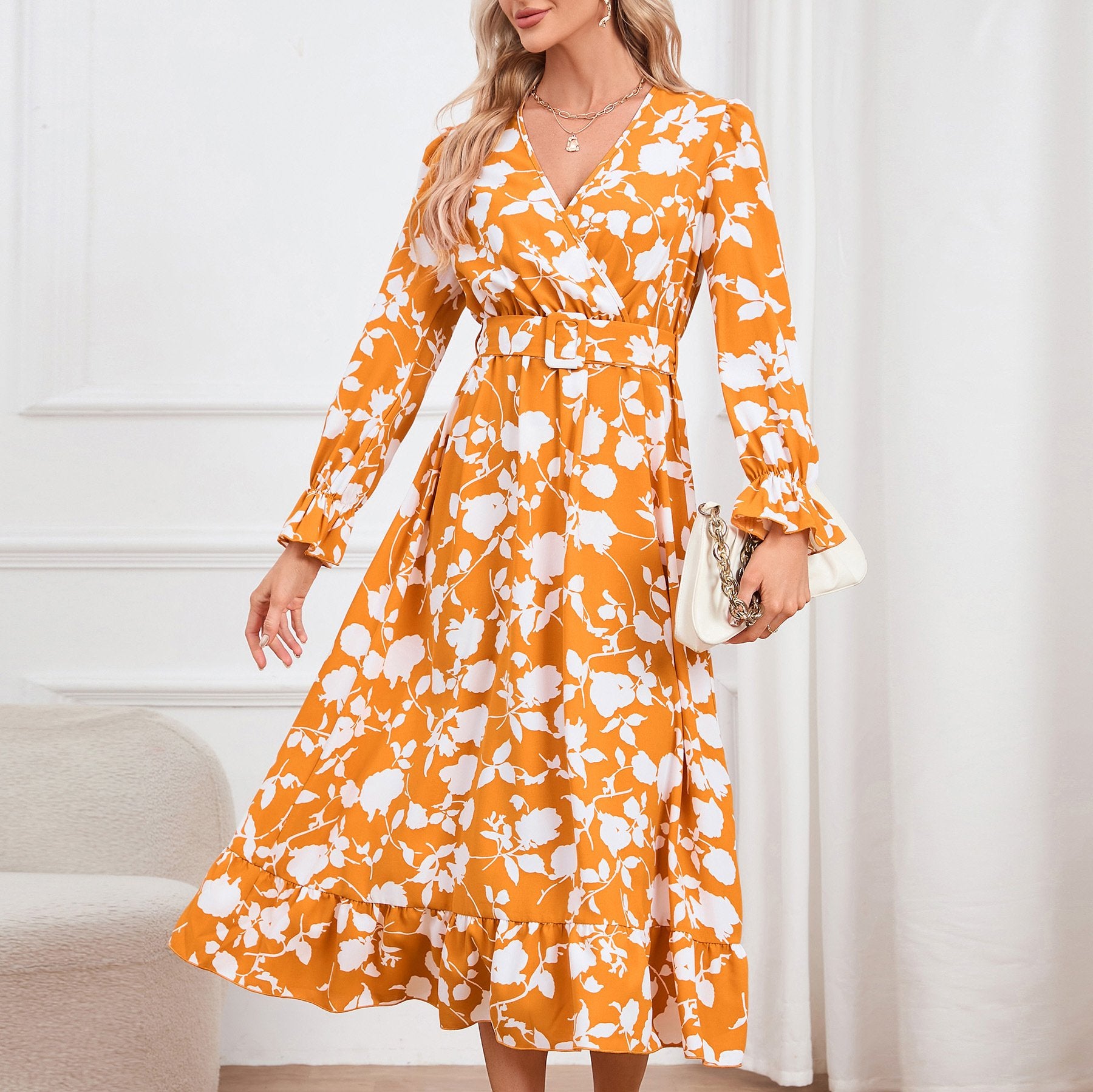 Retro V-neck Printed Dress for Women