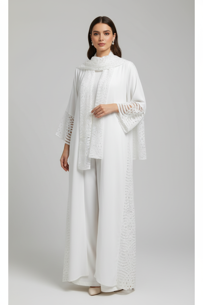 White outfit on a mannequin against a gray background