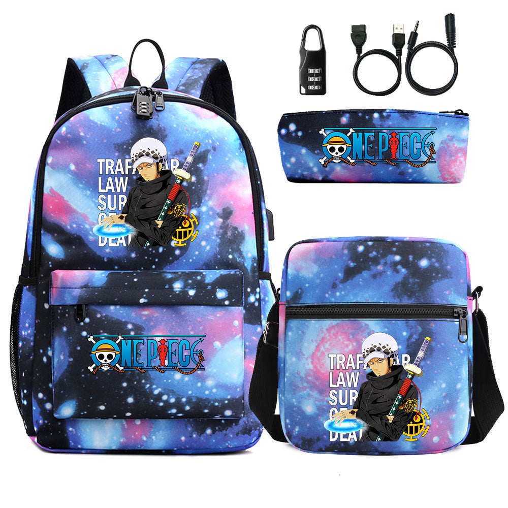 Cartoon One Piece USB Password Lock Backpack Set