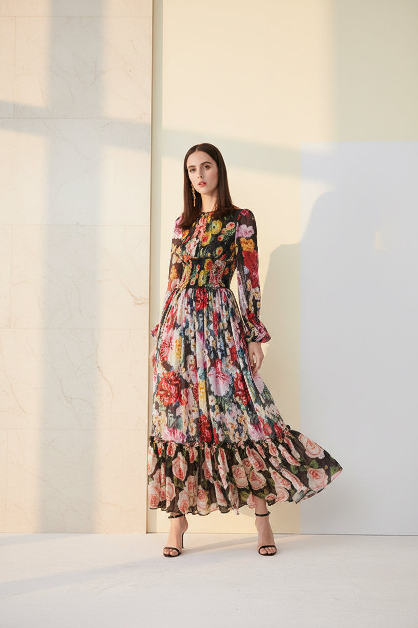 Woman wearing a long floral dress against a white background