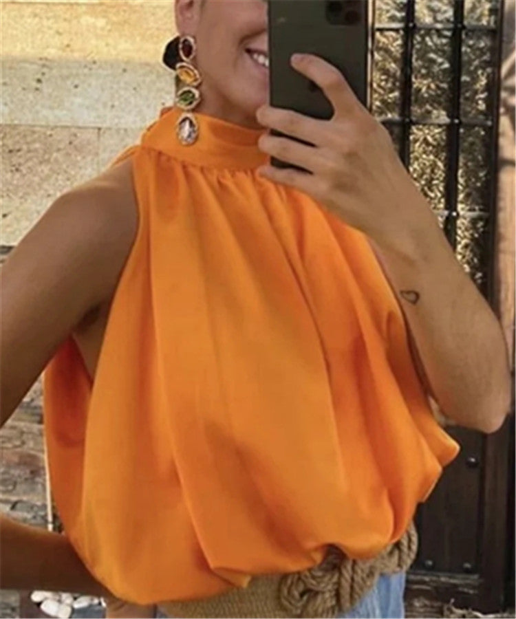 Summer Satin Bow Neck Sleeveless Shirt for Women