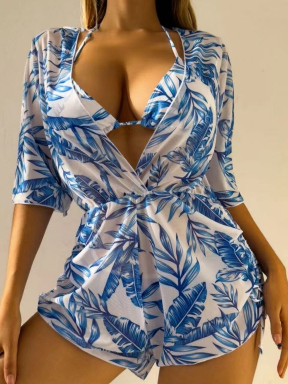 2023 Fashionable Three-Piece Bikini Set with Leaves Print