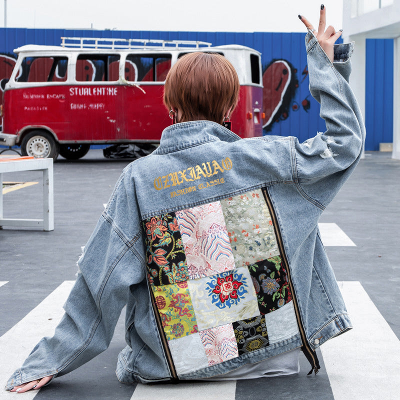 Vintage Floral Embroidery Ripped Denim Jacket for Women