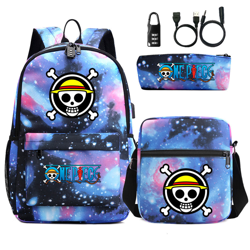 Cartoon One Piece USB Password Lock Backpack Set