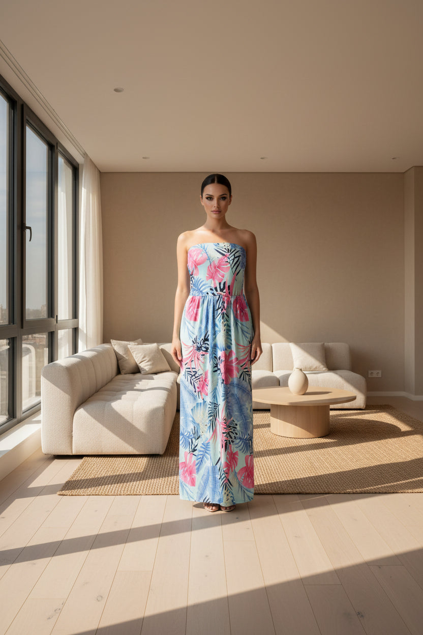 Floral strapless dress with pink and blue flowers on a white background