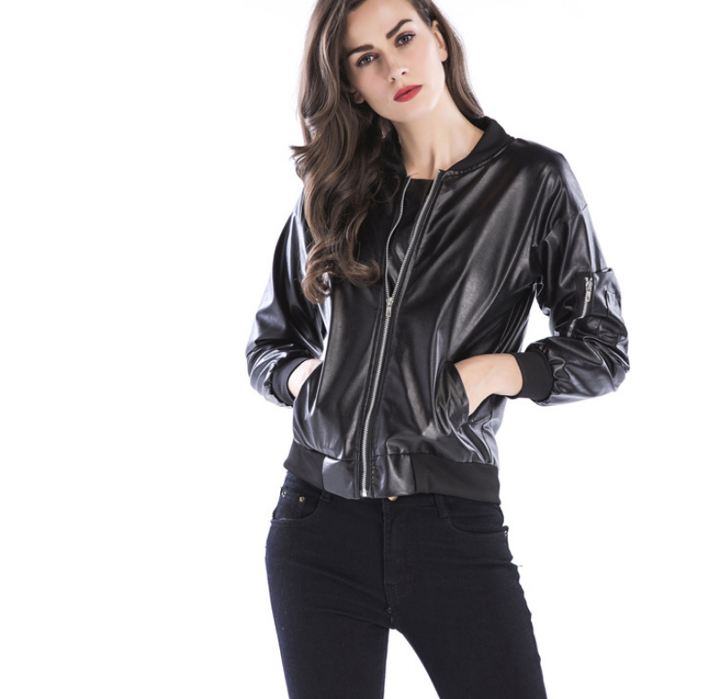 Women's Black Leather Jacket with Stand Collar
