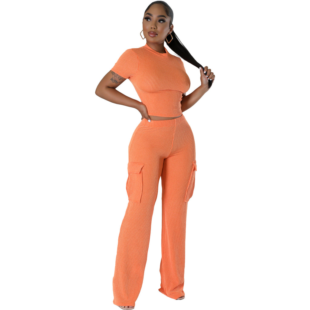 X9469 Fashionable Solid Color Short Sleeve Two-Piece Set