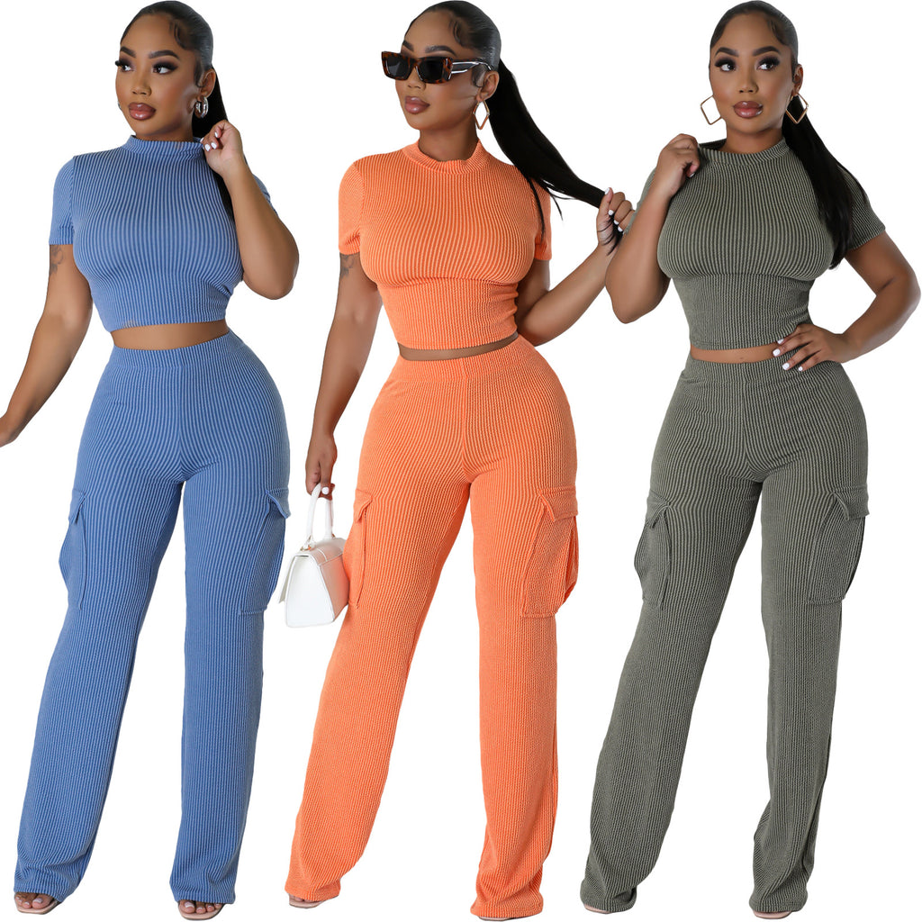 X9469 Fashionable Solid Color Short Sleeve Two-Piece Set