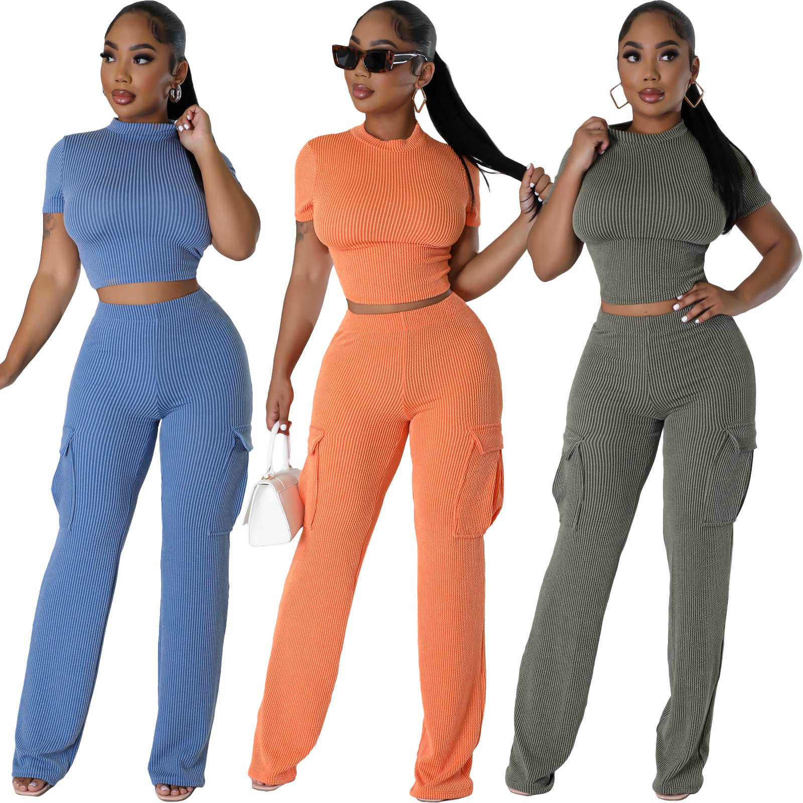 X9469 Fashionable Solid Color Short Sleeve Two-Piece Set