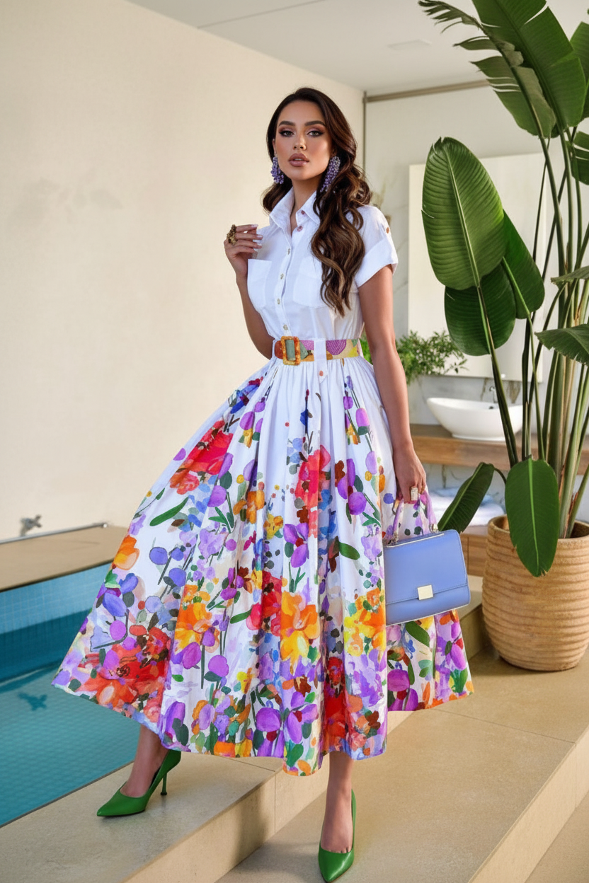 Woman wearing a white blouse and colorful floral skirt with green shoes, standing by a poolside.