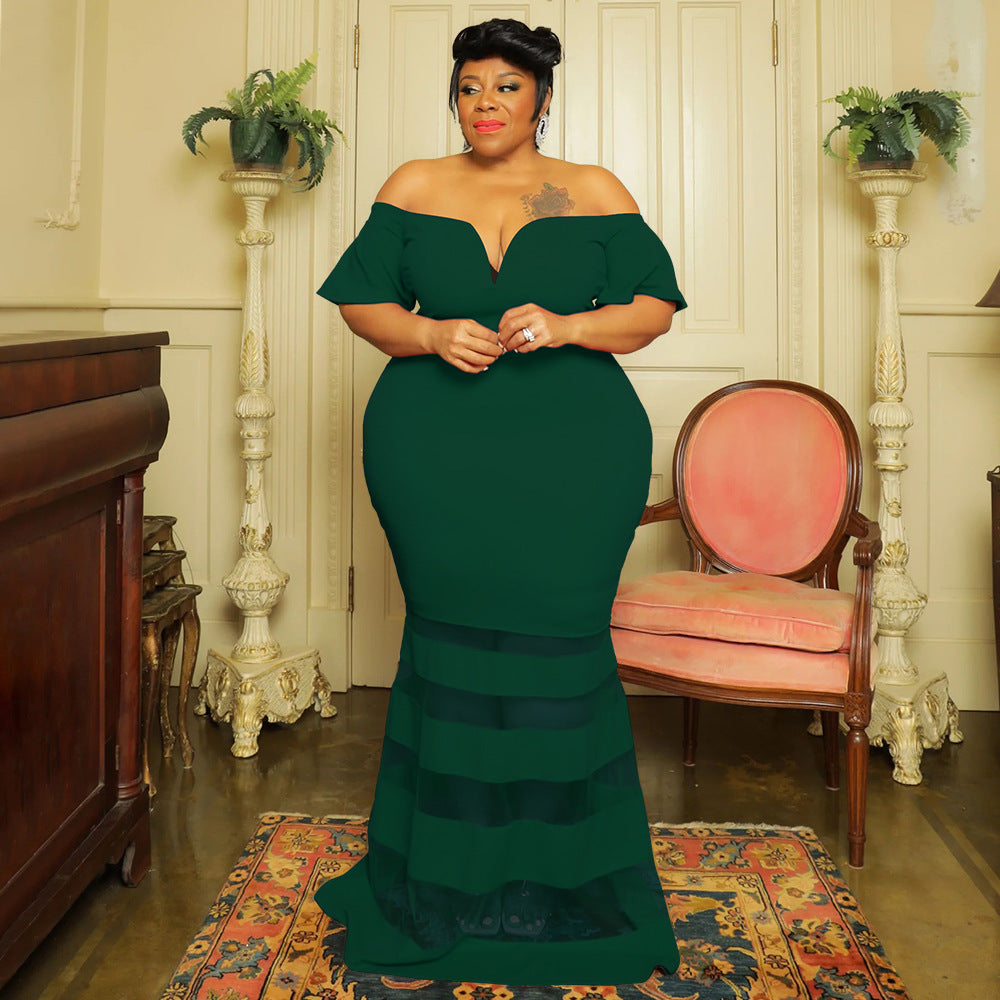 Evarisluxe Plus Size Mesh Puff Sleeve Gala Dress