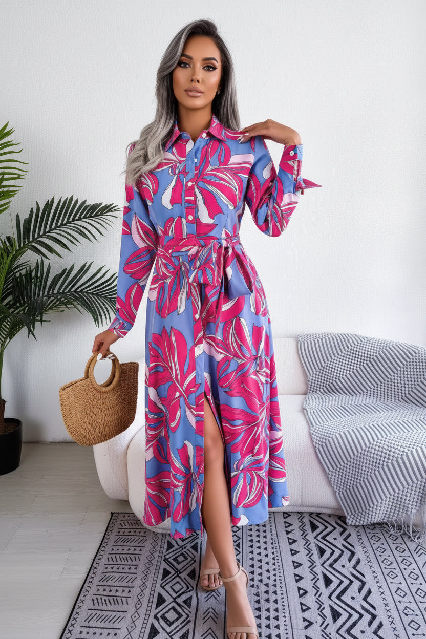 The Palette Color Block Floral Long Shirt Dress | Evarisluxe