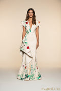 Woman wearing a floral dress on a white background