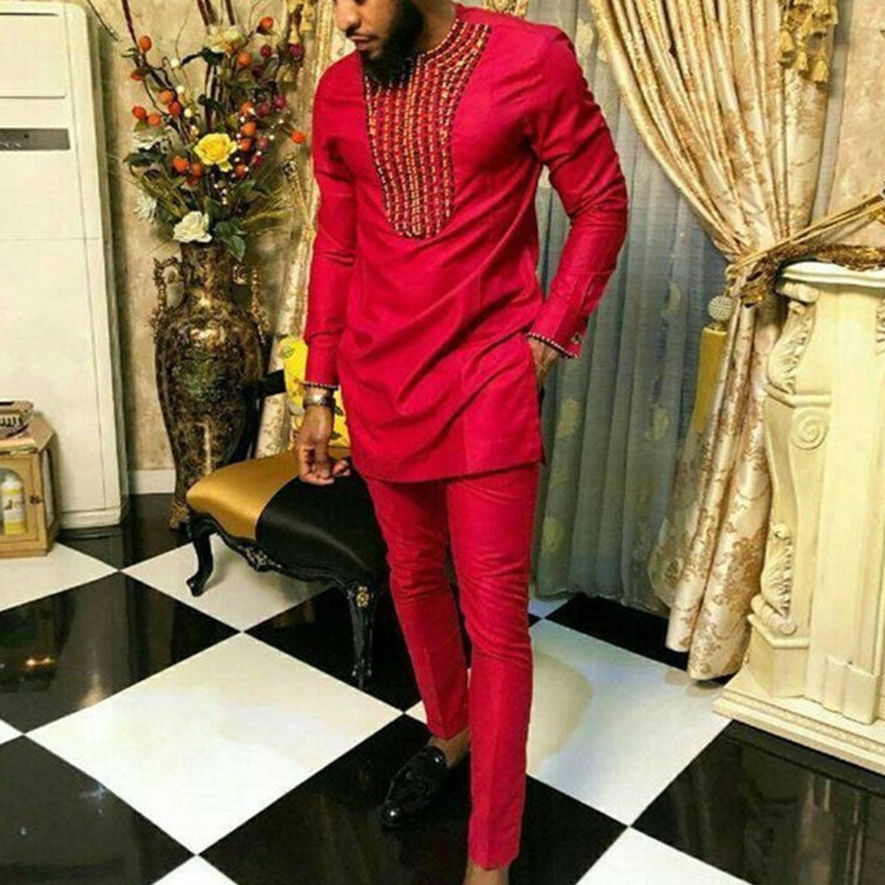 Men's Autumn Stripe Print African Ethnic Two-Piece Set