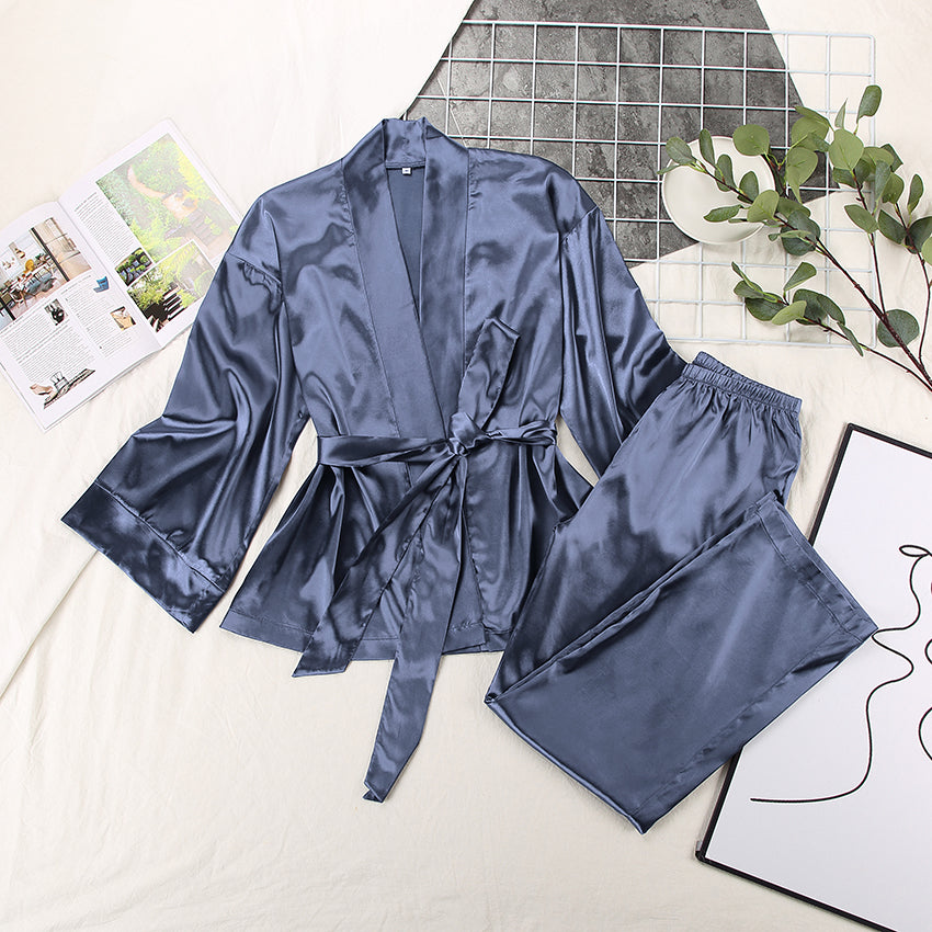 Solid Women’s Satin 2-Piece Pajama Set with Sashes