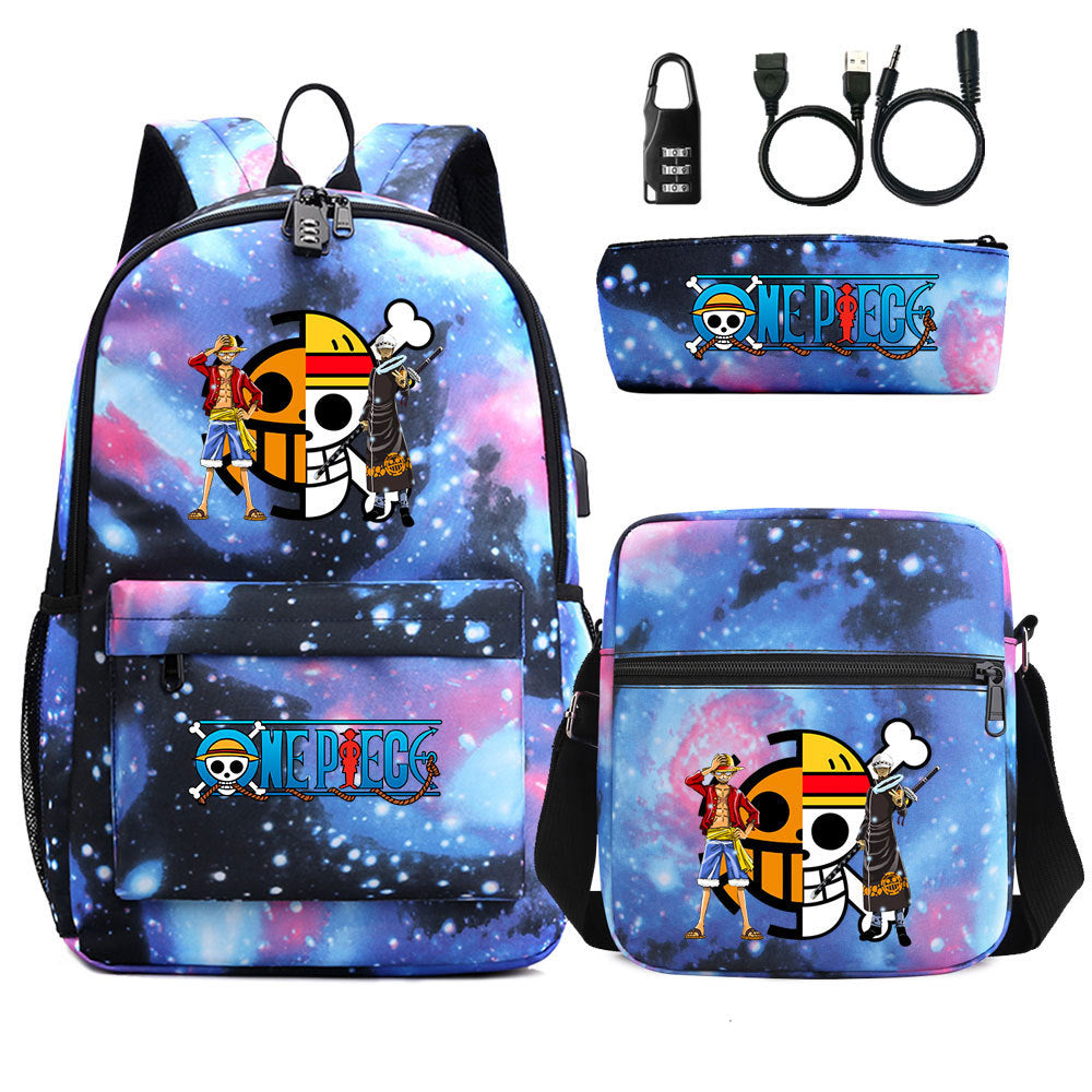 Cartoon One Piece USB Password Lock Backpack Set