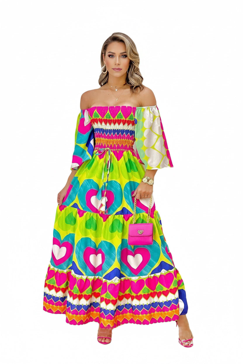 Colorful off-shoulder dress with heart patterns on a white background