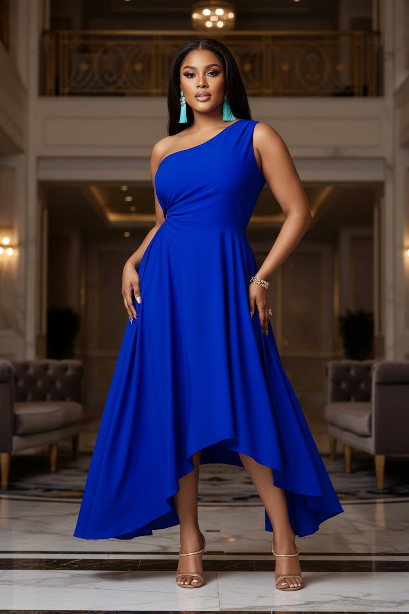 Woman wearing a blue one-shoulder dress on a white background