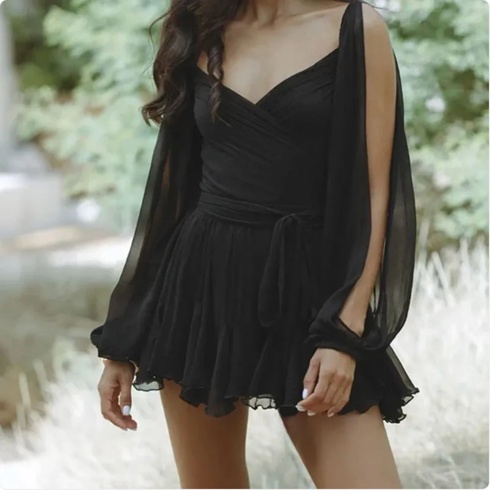 Elegant Mesh Long-Sleeve Backless Mini Dress