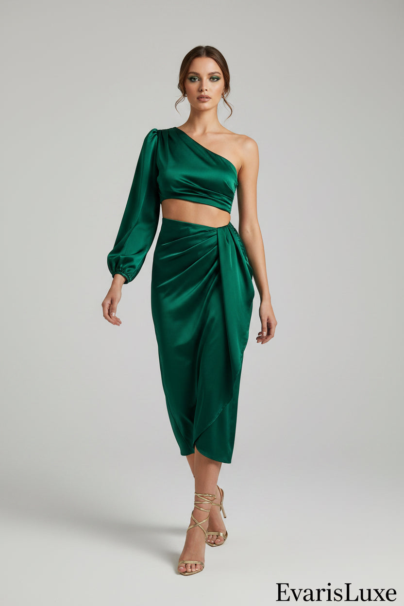 Green one-shoulder dress on a white background