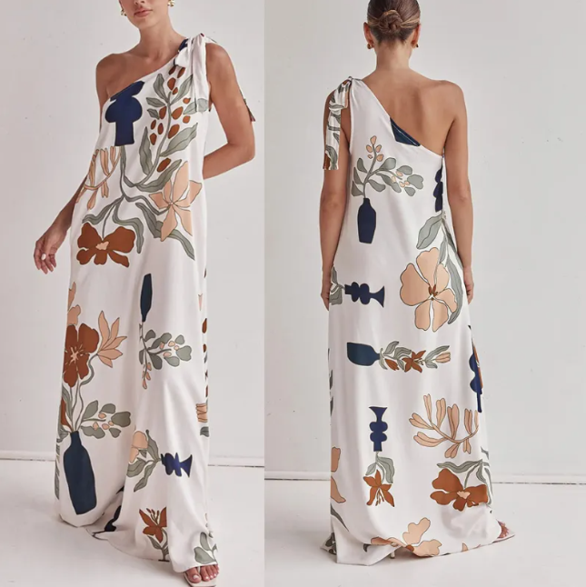 Oblique Shoulder Loose Printed Dress with Pocket – Summer Sleeveless Floral Dress (S–XL)