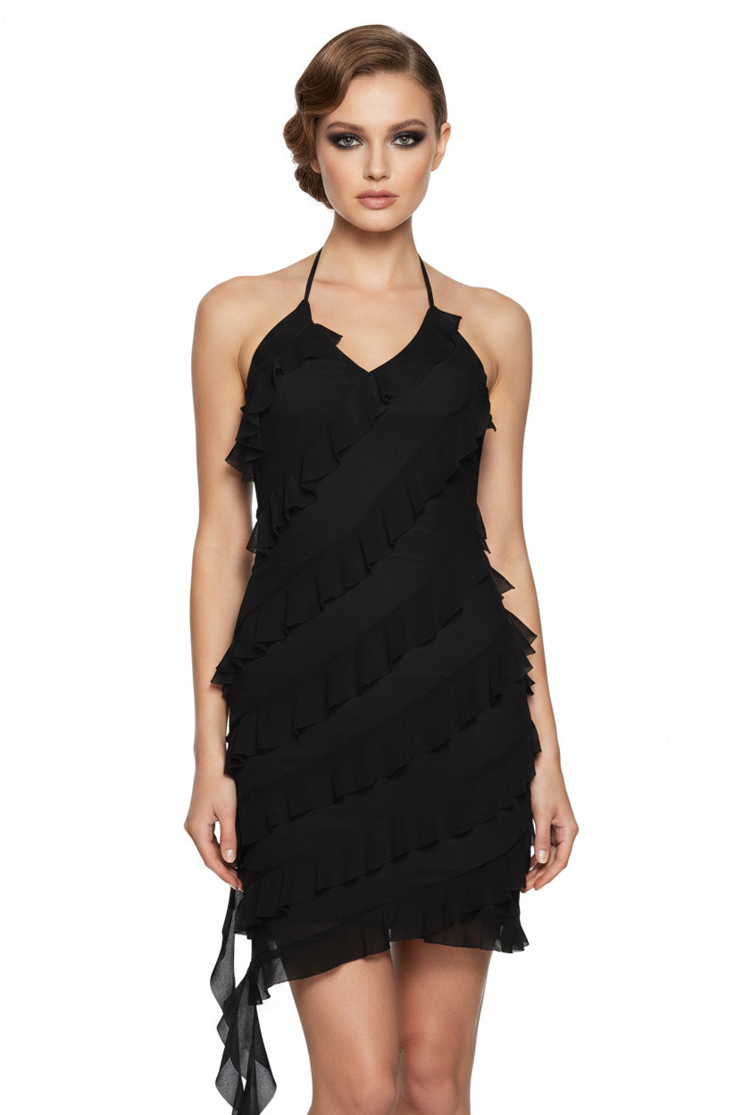 Black dress with ruffled layers on a white background