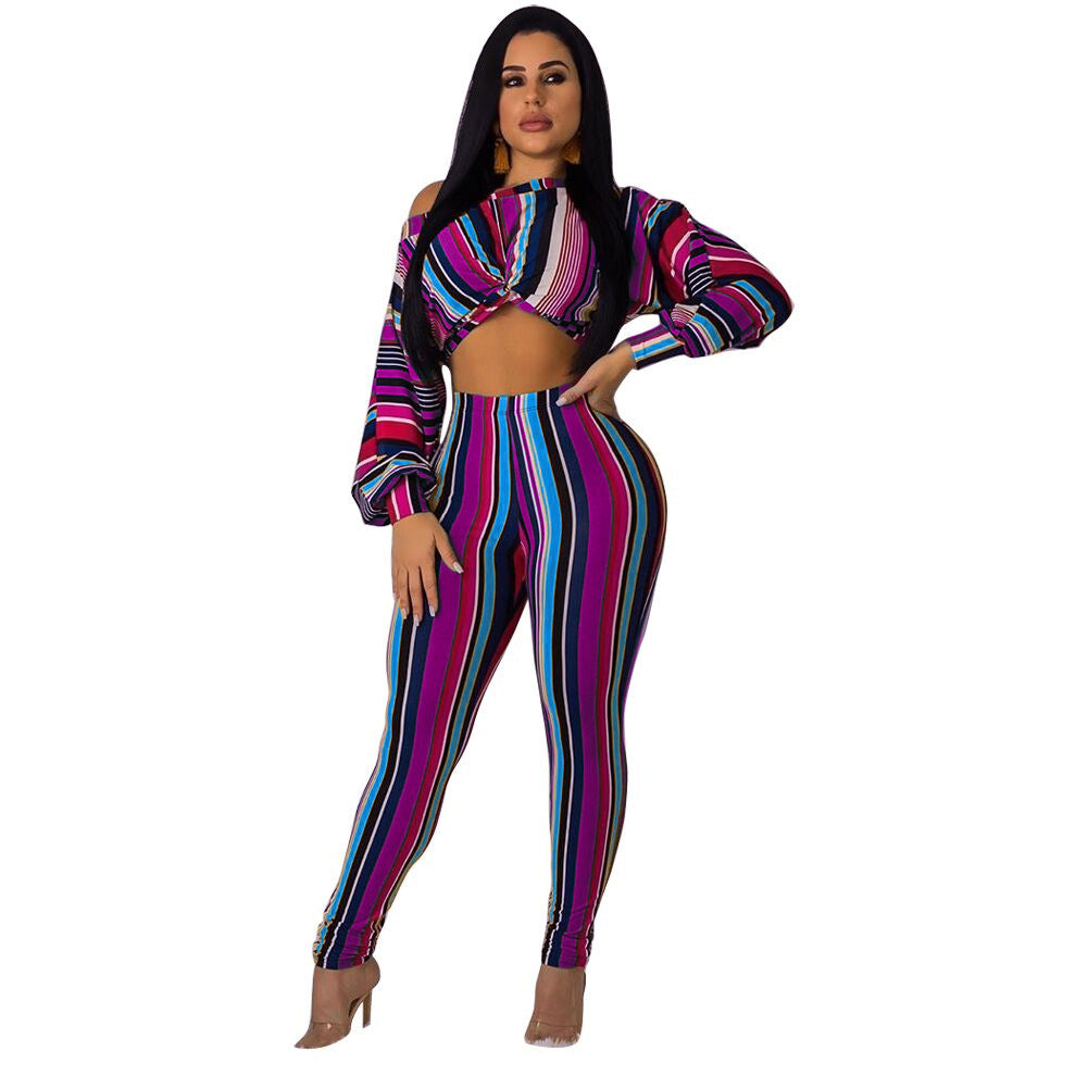 Striped Print Long Top and Leggings Two-Piece Set