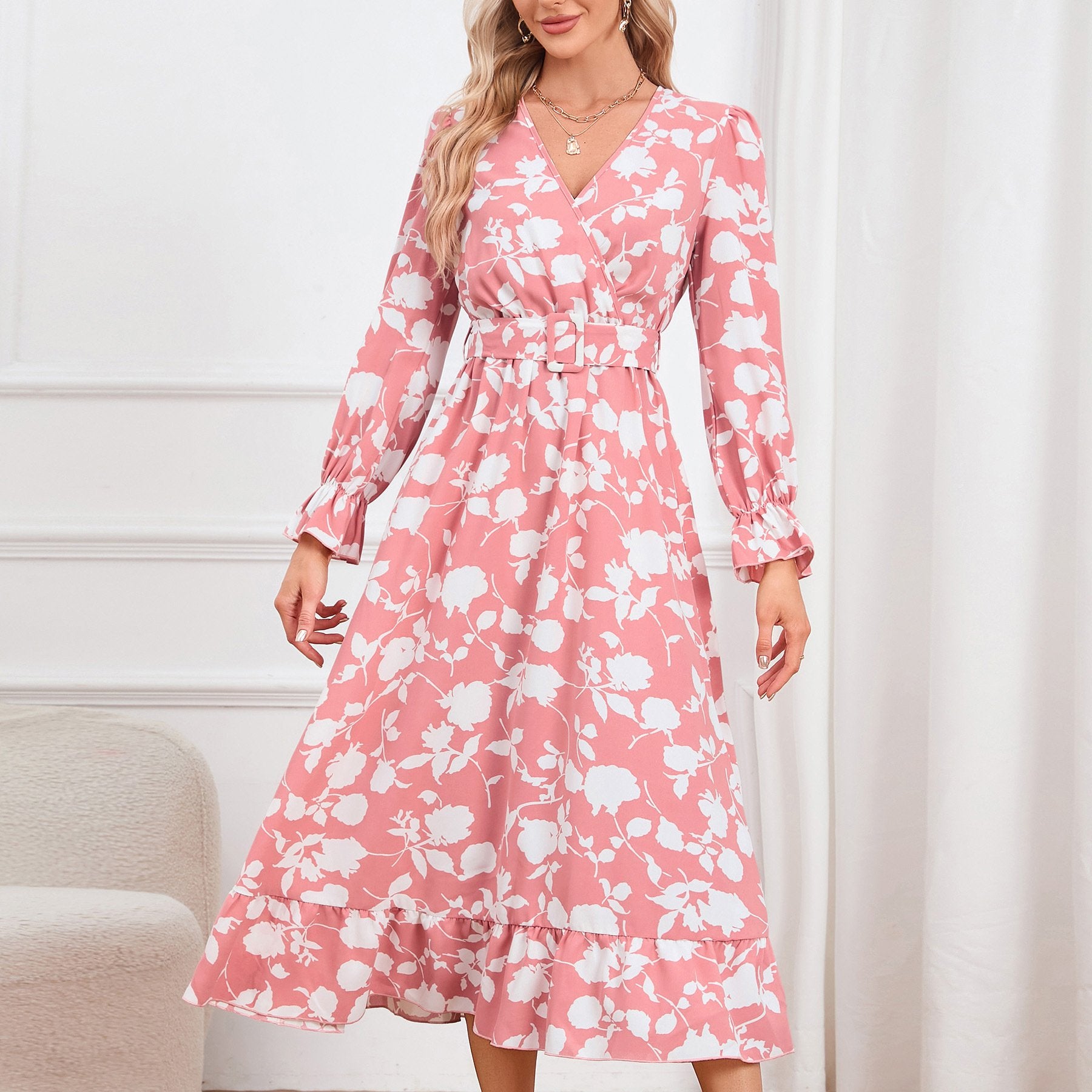 Retro V-neck Printed Dress for Women