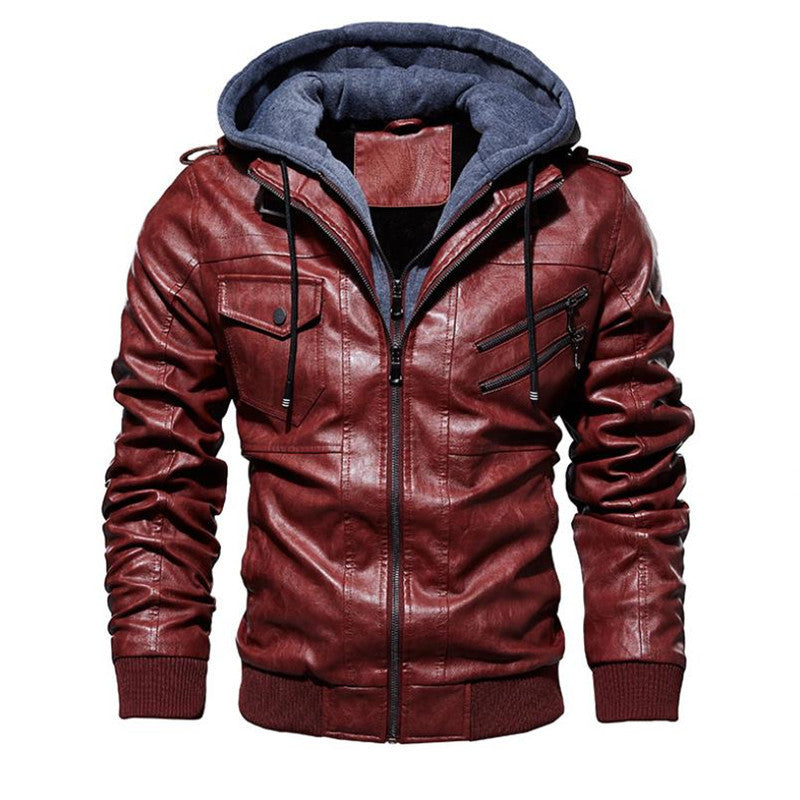 Plus Size PU Washable Hooded Leather Jacket with Zipper