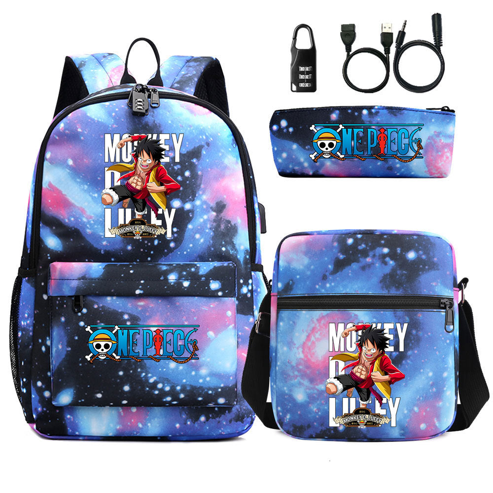 Cartoon One Piece USB Password Lock Backpack Set