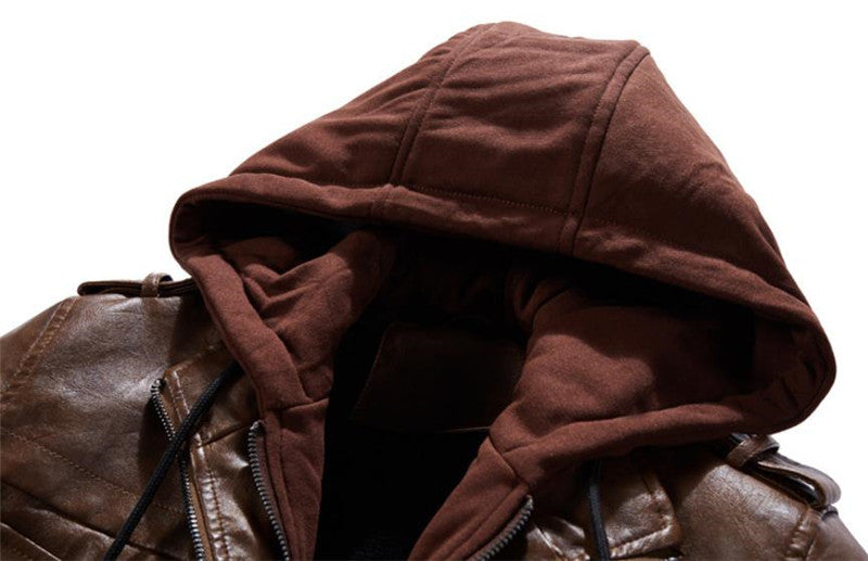 Plus Size PU Washable Hooded Leather Jacket with Zipper