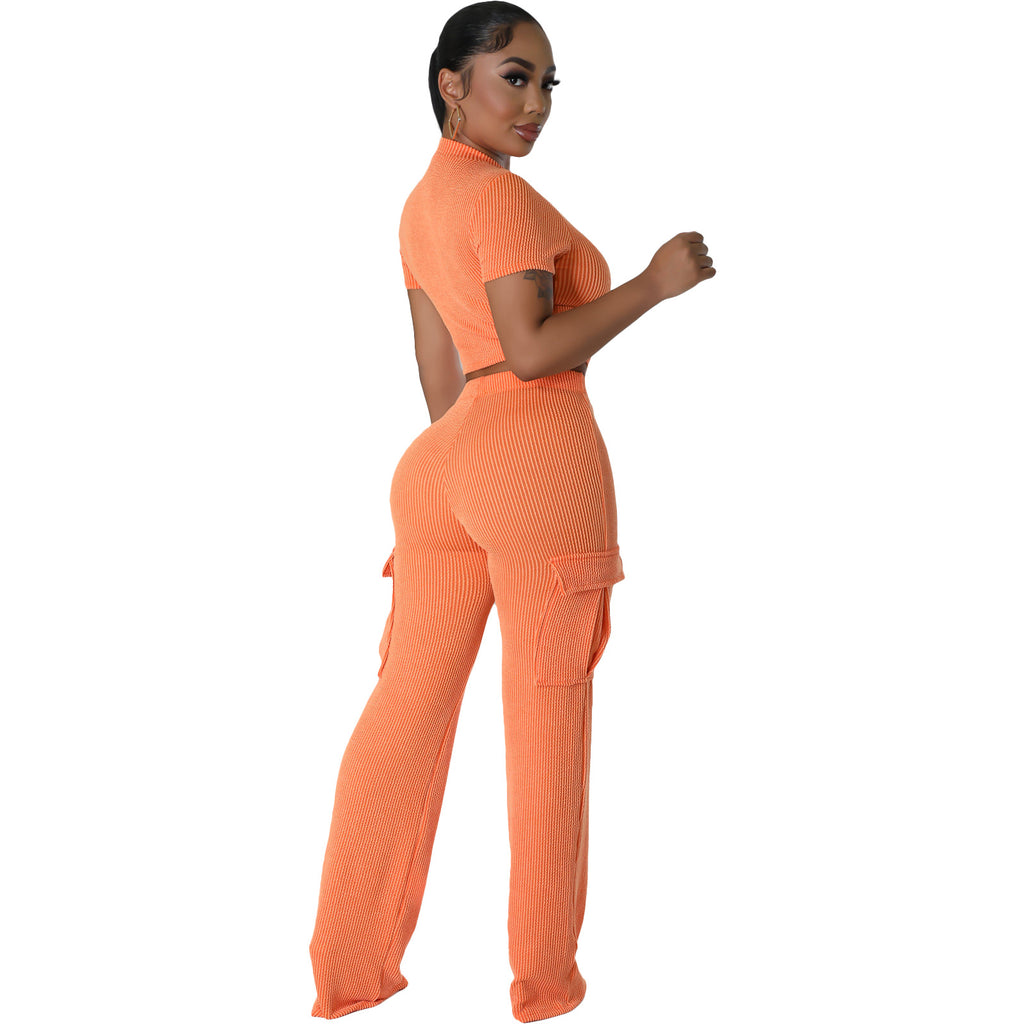 X9469 Fashionable Solid Color Short Sleeve Two-Piece Set