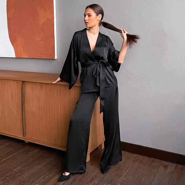 Solid Women’s Satin 2-Piece Pajama Set with Sashes