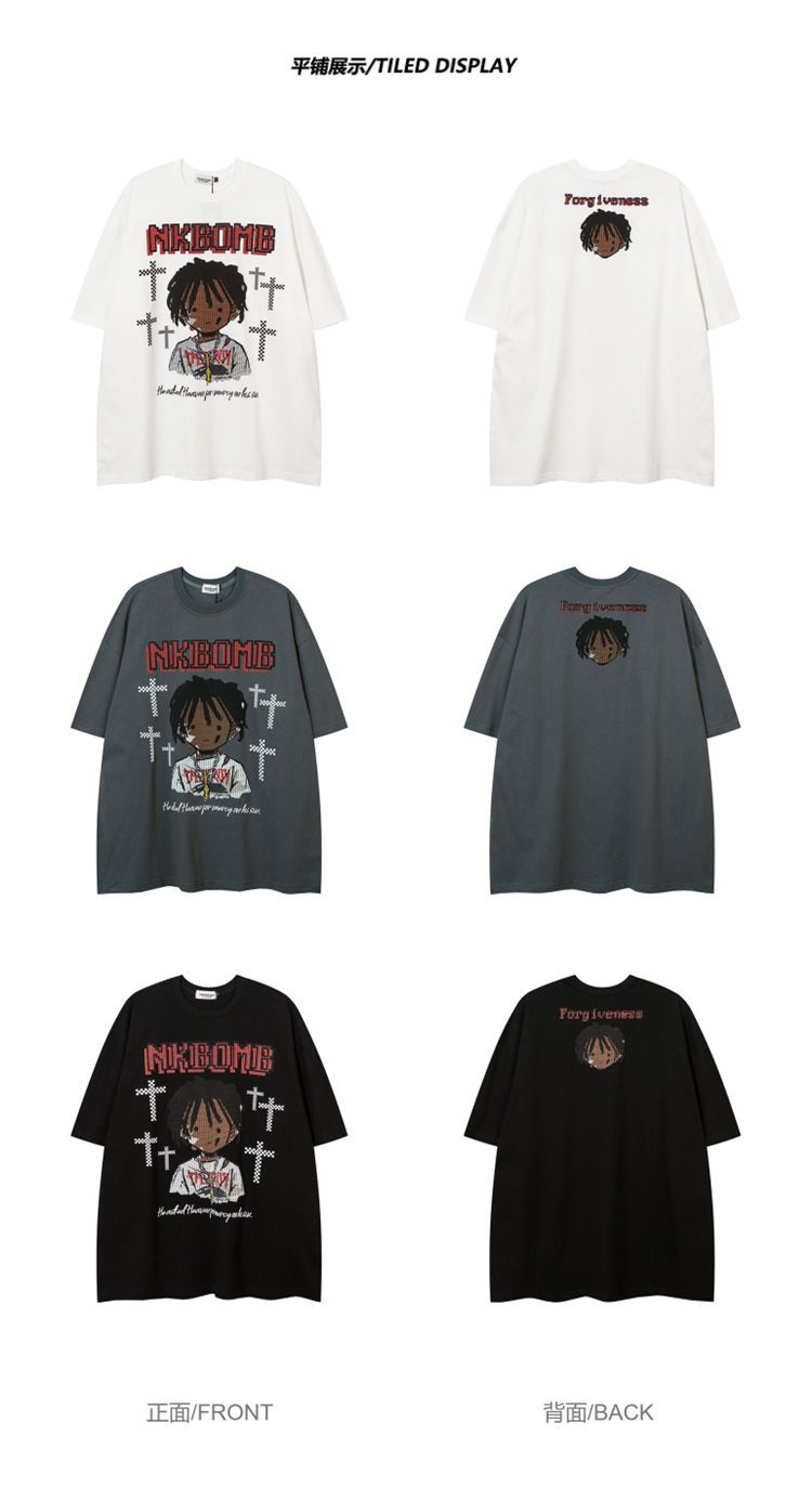Korean Retro Cartoon Printed Hip Hop T-Shirt for Men