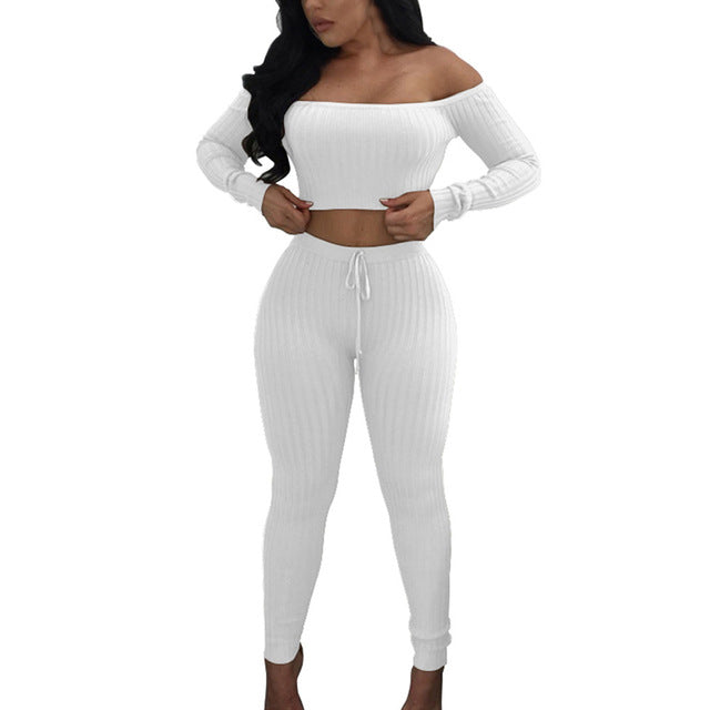 High Elastic Ribbed Long Pants Two-Piece Set