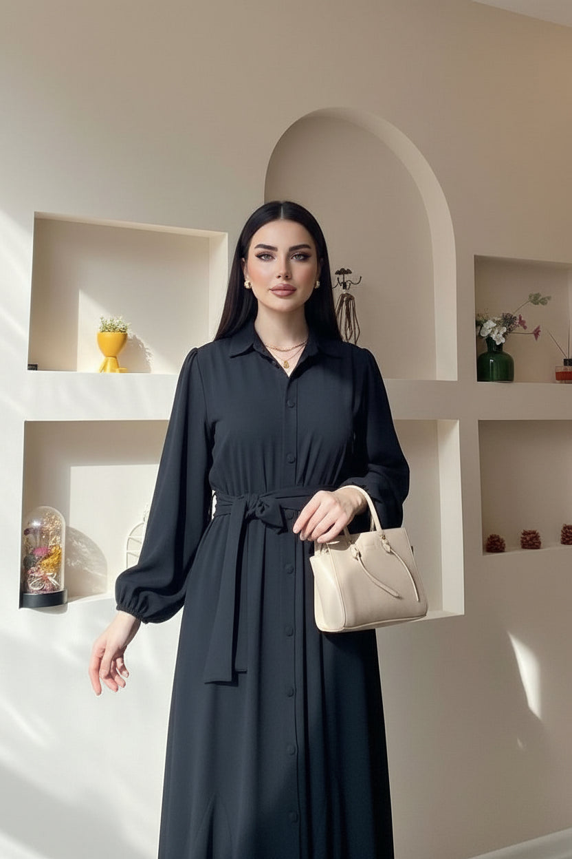 Person wearing a long dark dress holding a beige handbag in a room with shelves and a plant.