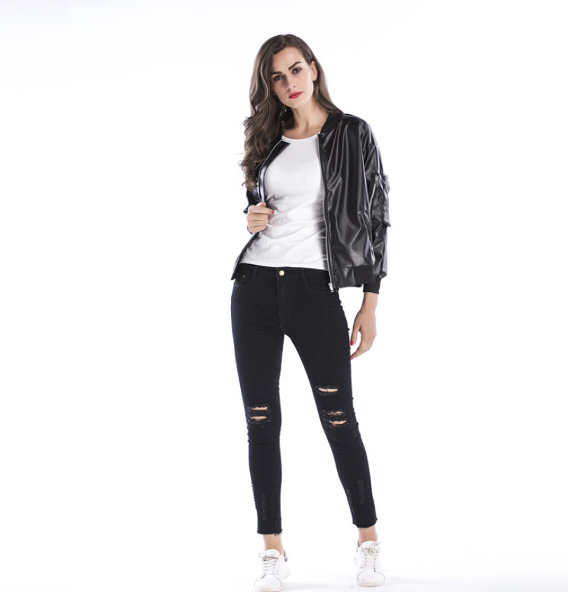 Women's Black Leather Jacket with Stand Collar