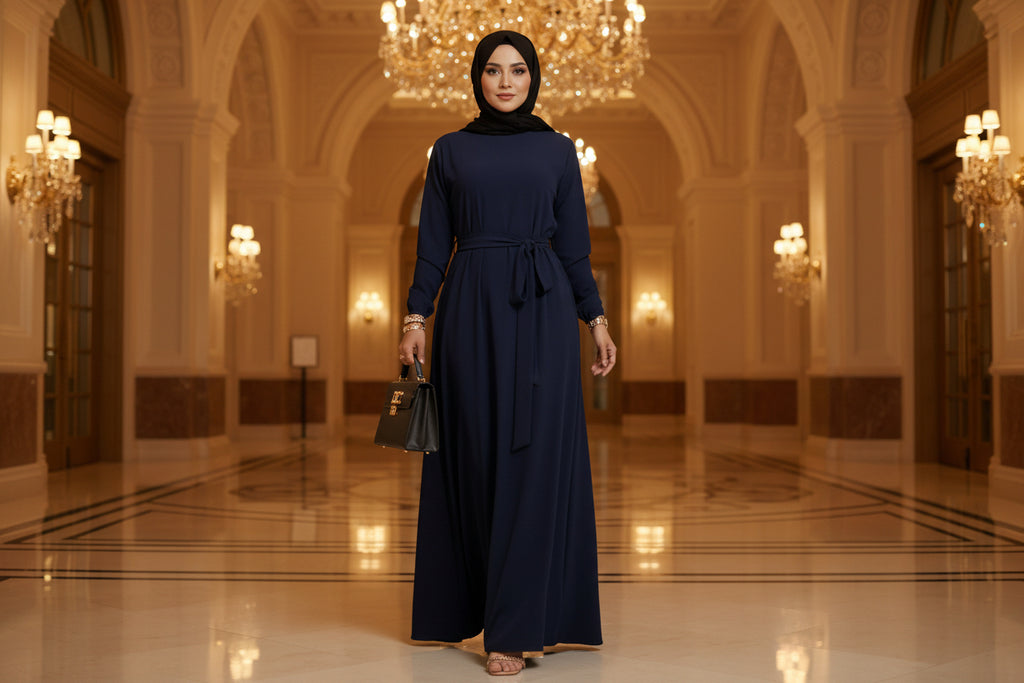 Person wearing a long navy blue dress holding a matching scarf against a white background